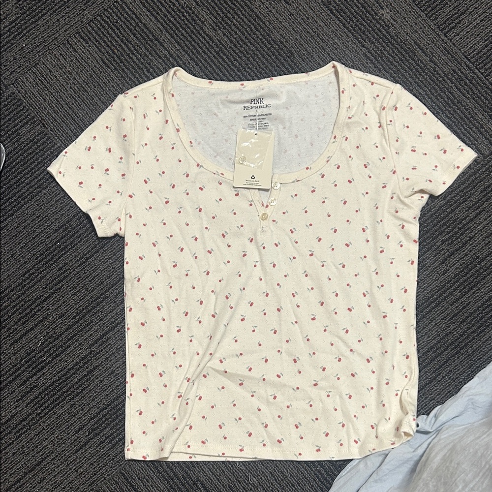 Pink Republic Cream Short Sleeve Scoop Neck Top with Red Cherry Print